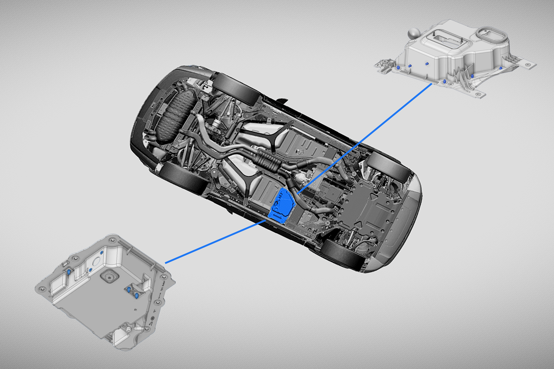 Een bouw tekening van een auto met de motor in detail.